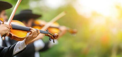 Dynamic performance of mariachi band with musicians playing violins outdoors, showcasing vibrant energy and cultural expression in sunny setting photo