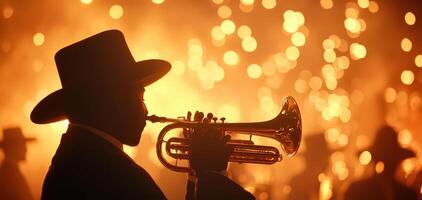 dynamic silhouette of musician playing trumpet against backdrop of sparkling lights, creating festive atmosphere photo