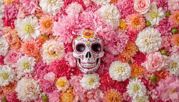 Colorful sugar skull surrounded by vibrant pink and white flowers, symbolizing life and death in Mexican culture, creating festive and lively atmosphere photo