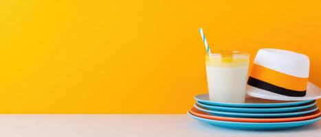 Refreshing drink with straw, summer hat, and colorful plates against vibrant yellow background. Perfect for sunny day or festive gathering photo