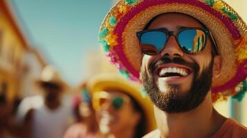 Joyful man wearing colorful hat and sunglasses, smiling in vibrant street scene with friends. atmosphere is festive and lively, capturing essence of celebration photo
