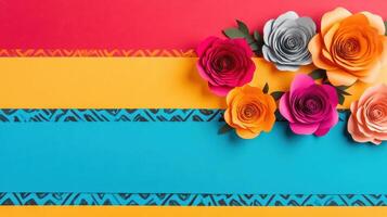 Colorful paper flowers arranged on vibrant background stripes create festive atmosphere. combination of red, yellow, blue, and patterned elements adds lively touch photo