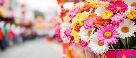 Vibrant parade float adorned with colorful flowers, showcasing festive atmosphere filled with joy and celebration photo