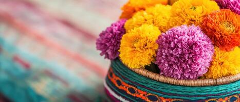 Vibrant marigold flowers in woven basket, showcasing bright colors and intricate patterns. arrangement adds cheerful touch to any setting photo