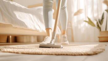person vacuuming stylish bedroom with natural light streaming in, creating warm and inviting atmosphere. scene emphasizes cleanliness and comfort photo