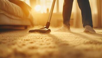 person is vacuuming carpet in sunlit room, creating warm and energetic atmosphere. sunlight enhances cleanliness of space, highlighting dust being lifted photo