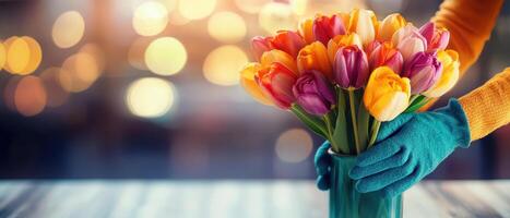 Arranging vibrant tulips in vase, showcasing colorful bouquet with warm, inviting atmosphere. hands in gloves add touch of care and energy to scene photo