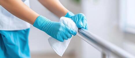 Focused housekeeper cleaning modern staircase railing with cloth, showcasing attention to detail and cleanliness in bright environment photo