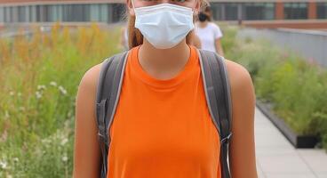Young adults enjoying rooftop garden, wearing masks and casual attire, surrounded by greenery and flowers, promoting health and wellness in urban setting photo