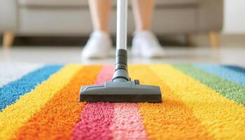 joyful cleaner vacuuming colorful rug in cozy family room, creating fresh and tidy atmosphere photo