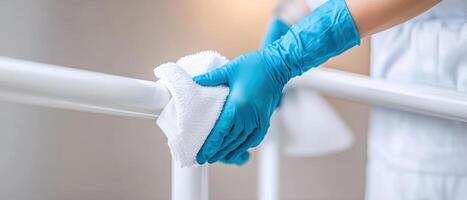 focused housekeeper is cleaning modern staircase railing with cloth, wearing blue gloves. scene conveys sense of cleanliness and attention to detail photo