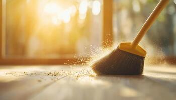 broom sweeps dust on hardwood floor, illuminated by warm sunlight. scene captures essence of cleanliness and beauty of tidy space photo