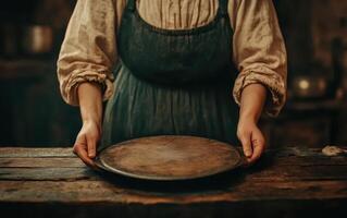 housemaid presenting polished metal plate, showcasing craftsmanship and attention to detail in rustic setting. warm tones evoke sense of history and tradition photo