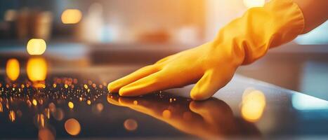 close up of hand wearing yellow gloves cleaning stovetop, showcasing attention to detail and cleanliness in warm, inviting kitchen environment photo