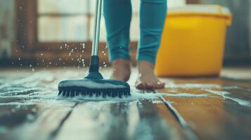 Cleaning floor with mop and bucket, water splashing, wooden surface photo
