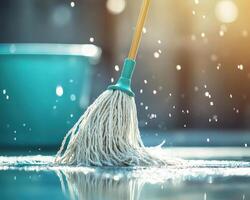 close up of mop head soaked in water, creating refreshing scene with droplets splashing around. vibrant colors and sunlight add lively touch to cleaning process photo