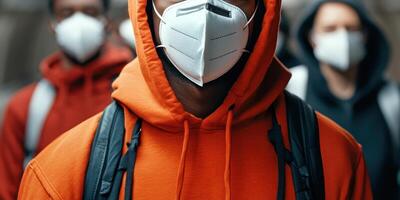 Commuters in futuristic metro station wear masks, showcasing blend of urban style and health awareness. scene captures moment of collective movement and modern life photo