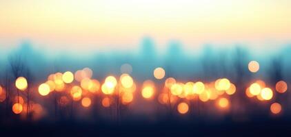 Blurry city lights glowing through layers of pollution at dusk create dreamy atmosphere. soft bokeh effect enhances serene beauty of urban landscape photo