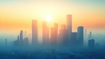 Urban skyline at sunrise with smog covering tall buildings, creating serene yet bustling atmosphere. soft colors of dawn blend beautifully with cityscape photo