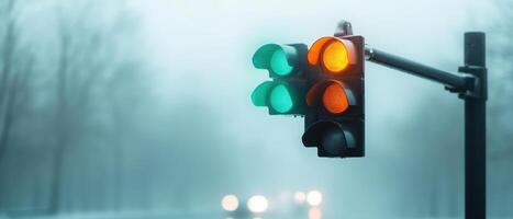 Traffic lights glowing faintly in foggy weather, creating mysterious atmosphere on deserted road. green and orange lights stand out against haze photo