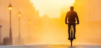 lone cyclist rides through hazy, dust filled street at sunset, creating serene and contemplative atmosphere. warm glow of sun enhances scene beauty and tranquility photo