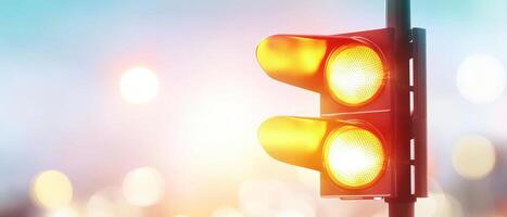 Traffic lights glowing faintly in polluted urban environment, creating moody atmosphere. warm yellow light contrasts with cool background, evoking sense of caution and reflection photo