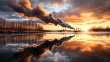 polluted river reflecting smoky skies and industrial structures at sunset, showcasing impact of pollution on nature beauty photo
