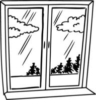 Black and White Window View with Trees and Clouds Illustration vector