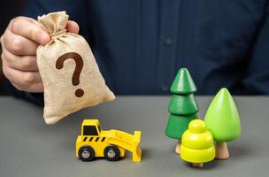 Bulldozer in the forest and a money bag with a question mark. A fair price for the sale of a forest plot. Sale of natural resources through auction. Corruption risks. photo
