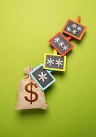 Dollar money bag and stars of terms and conditions. Hidden fees, interest rates and stiff penalties for violating rules. High costs and unfavorable terms. Unfair taxes and fees. Financial illiteracy. photo