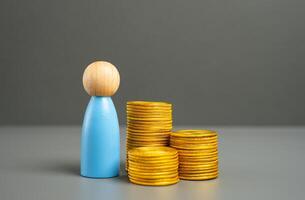 Man and money coins. Wealth and prosperity. Savings and capital. Purchasing power. Investments. Financial literacy, asset and resource management. Employee salary. Climb your earnings levels. photo