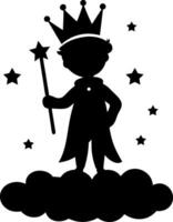 Silhouette of Child King with Crown and Wand on Cloud with Stars for Fairytale Art vector