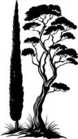 Elegant Silhouette of Cypress and Windswept Tree Nature Art vector