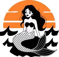 Mermaid Art Sitting on Rock with Sunset and Waves vector