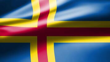 Aland Islands flag in close up moves in waves in the wind with reflecting light on the smooth silky surface. video