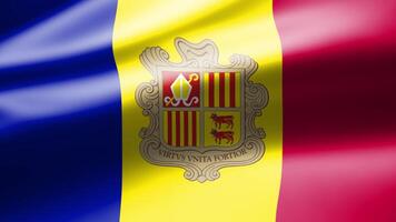 Andorra flag in close up moves in waves in the wind with reflecting light on the smooth silky surface. video