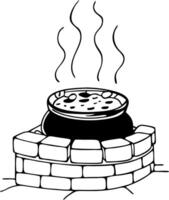 Boiling Cauldron on Stone Fireplace with Steam for Cooking and Witchcraft Art vector