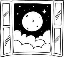 Night Sky View Through Open Window with Full Moon and Clouds Art vector