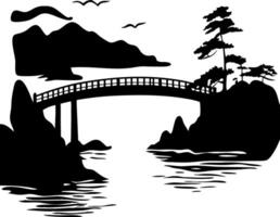 Serene Bridge Silhouette Over Water with Birds and Trees Art vector