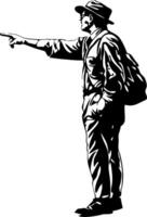 Silhouette of Traveler Pointing with Backpack and Hat Art vector