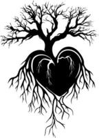 Heart Tree Silhouette with Roots and Branches Symbolizing Growth and Love vector