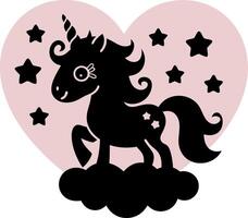 Cute Unicorn Silhouette on Cloud with Heart and Stars Illustration vector