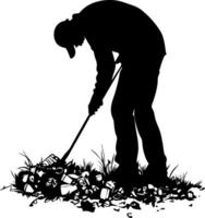 Silhouette of Worker Raking Trash in Environmental Cleanup Scene Art vector