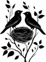 Two Birds Nesting on Branch Silhouette Nature Art vector