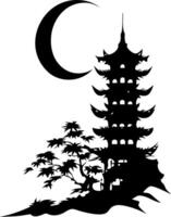 Silhouette of Japanese Pagoda with Crescent Moon and Maple Tree Art vector