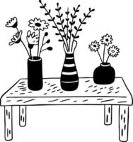Charming Hand-drawn Vases with Flowers on Rustic Wooden Table Art vector