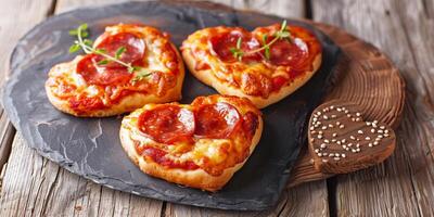 Heart-shaped mini pizzas with pepperoni, melted cheese, and fresh herbs on a slate serving board, creating a romantic and delicious presentation photo