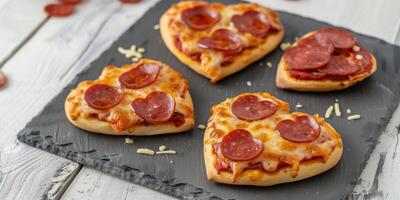 Heart-shaped mini pizzas topped with pepperoni and melted cheese, served on a slate board for a cute and festive presentation photo