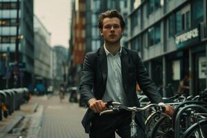 A young businessman in a suit riding a bicycle through a modern city street, surrounded by parked bikes and urban architecture, reflecting sustainable and active commuting photo