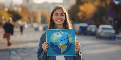 Young woman holding a drawing of Earth while smiling on a city street with autumn colors in the background photo
